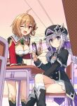  2girls ahoge black_headwear black_jacket blue_eyes breasts brown_hair cellphone chair cleavage cover desk grey_hair hair_ribbon hat highres holding holding_phone houkago_sai_tensei! jacket large_breasts long_hair long_sleeves magazine_cover multiple_girls peaked_cap phone purple_ribbon red_eyes red_ribbon ribbon school_chair school_desk sitting small_breasts smartphone somechime_(sometime1209) standing twintails 