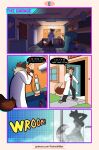  bubble building clothing coat comic dialogue digital_media_(artwork) door female foxinuhhbox garage hi_res house lab_coat male science scientist shower silhouette sound sound_effects speech_bubble steam text topwear 