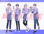  4boys :o ;q anklet apron badge black_pants black_shoes blue_hair blue_shoes bracelet breast_pocket brown_eyes brown_hair brown_shoes button_badge capri_pants closed_mouth collared_shirt commentary_request crossed_bangs earrings food fuwa_minato gloves green_eyes grey_hair grid_background hair_between_eyes halftone halftone_background hands_up heart highres holding holding_food holding_ice_cream holding_ice_cream_cone holding_ice_cream_scoop holding_menu holding_tray ice_cream ice_cream_cone ice_cream_cup ice_cream_scoop ice_cream_spoon jewelry kagami_hayato kaida_haru kenmochi_touya looking_at_viewer male_focus menu multicolored_hair multiple_boys name_tag nijisanji notice_lines one_eye_closed open_mouth pants parted_bangs parted_lips pink_hair pocket purple_apron purple_eyes purple_hair purple_shirt purple_visor rof-mao safety_pin saw_(dtn_error) shirt shoes short_hair short_sleeves smile sparkle spoon sticker streaked_hair tongue tongue_out tray virtual_youtuber visor_cap waist_apron waiter watch white_background white_shoes wristwatch 