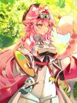  1girl animal_ear_fluff animal_ears art_brush ascot beret black_hat black_tube_top blush breasts chattino_(raora_panthera) closed_mouth coat commentary_request cowboy_shot day english_commentary goggles goggles_on_head hair_between_eyes hair_intakes hat highres hiranmayi holding holding_brush holding_paintbrush holding_palette holding_with_tail hololive hololive_english large_breasts long_hair multicolored_hair off_shoulder open_clothes open_coat outdoors paintbrush palette_(object) panther_ears panther_girl panther_tail pink_coat pink_hair pink_tail prehensile_tail raora_panthera smile solo standing strapless streaked_hair tail tree tube_top very_long_hair vest virtual_youtuber white_ascot white_hair white_vest yellow_eyes 