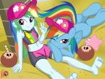  4:3 bat_pony beach beverage clothed clothing coconut coconut_drink drupe_(fruit) duo equestria_girls equid equine female female/female feral food friendship_is_magic fruit gesture hasbro hat headgear headwear hi_res human looking_at_viewer mammal moon_pearl my_little_pony pegasus plant rainbow_dash_(mlp) seaside selfcest square_crossover succubi_samus swimwear v_sign wings 