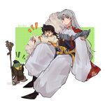  1boy 1girl 1other armor bangs black_eyes black_footwear black_hair blush boots character_request chya_dan_go12 closed_mouth commentary_request crescent facial_mark forehead_mark full_body fur grey_hair highres holding inuyasha japanese_clothes kimono long_hair long_sleeves looking_at_another looking_at_viewer open_mouth pants pointy_ears sesshoumaru shirt simple_background sitting sword very_long_hair very_long_sleeves weapon white_background wide_sleeves yellow_eyes 