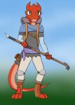  ashisprey chainmail digitigrade gradient_background hi_res kobold male simple_background solo tailbags weapon 