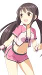  1girl :d breasts brown_eyes brown_hair cleavage collarbone dolphin_shorts floating_hair grey_sports_bra groin hair_ornament hair_scrunchie idolmaster idolmaster_cinderella_girls jacket long_hair low_twintails midriff nakano_yuka navel open_clothes open_jacket open_mouth pink_jacket pink_scrunchie pink_shorts scrunchie shiny shiny_hair short_shorts short_sleeves shorts simple_background small_breasts smile solo sports_bra standing stomach twintails very_long_hair white_background wristband yama_tatsuo 