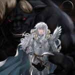  2boys androgynous armor berserk blue_eyes broken_horn cape griffith_(berserk) helmet holding holding_helmet horns joesavnch long_hair looking_at_viewer male_focus multiple_boys pointy_ears red_eyes shoulder_armor standing teeth twitter_username wavy_hair white_hair zodd_(berserk) 