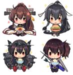  4girls arrow_(projectile) black_hair brown_hair burger chibi closed_mouth commentary_request flower food hair_between_eyes hair_ribbon headgear holding holding_food holding_plate japanese_clothes kaga_(kancolle) kantai_collection kasumi_(skchkko) kneeling long_hair multiple_girls nagato_(kancolle) open_mouth pink_flower plate pleated_skirt quiver ribbon rigging side_ponytail sidelocks sitting skirt smile tassel thighhighs very_long_hair yahagi_(kancolle) yahagi_kai_ni_(kancolle) yamato_(kancolle) yamato_kai_ni_(kancolle) 