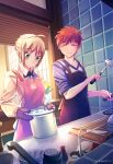  1boy 1girl absurdres ahoge apron artoria_pendragon_(fate) cutting_board emiya-san_chi_no_kyou_no_gohan emiya_shirou fate/stay_night fate_(series) fuura highres holding_cooking_pot kitchen kitchen_knife oven_mitts saber sleeves_rolled_up 