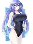  1girl adjusting_clothes adjusting_swimsuit blue_hair blush breasts choker competition_swimsuit hair_over_one_eye highres iris_heart kami_jigen_game_neptune_v large_breasts long_hair looking_at_viewer navel neptune_(series) one-piece_swimsuit paid_reward_available pink_eyes power_symbol smile solo swimsuit symbol-shaped_pupils very_long_hair zatsu 