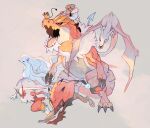  aerodactyl all_fours alolan_ninetales animal_focus artist_name beanie black_eyes black_sclera black_shoes blaziken blue_jacket blue_sclera bomber_jacket brown_pants closed_mouth colored_sclera commentary conical_teeth dedenne dinosaur english_commentary flying fox full_body grey_background hat jacket jumping mouse_(animal) open_mouth pants pokemon pokemon_(creature) pterosaur riding riding_dinosaur riding_pokemon running shoes simple_background smile standing tyrannosaurus_rex tyrantrum ver_(verface) white_eyes yellow_sclera zoroark 