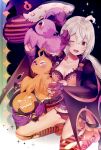  1girl animal bird black_jacket breasts collarbone grey_hair hat highres hmrio jacket long_hair matoi_(pso2) one_eye_closed panties phantasy_star phantasy_star_online_2 red_eyes solo striped_clothes striped_panties striped_thighhighs thighhighs torn_clothes torn_thighhighs twintails underwear witch_hat 