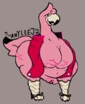 2022 avian beak belly big_breasts bird breasts busty_feral clothed clothing dot_eyes feathers featureless_breasts female feral flamingo footwear genitals hi_res high_heels huge_breasts jacket long_neck narrowed_eyes non-mammal_breasts nude open_mouth partially_clothed pink_body pink_feathers pussy red_clothing semi-anthro simple_background smile solo tail_feathers thick_thighs topwear tuanyllej2 watermark wide_hips 