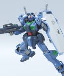  3d beam_rifle color_variation commentary_request earth_federation earth_federation_space_forces energy_gun gassan_(7nan8ku) gradient_background gundam gundam_mk_ii highres machinery mecha mecha_focus mobile_suit no_humans original purple_eyes realistic redesign robot roundel science_fiction shield v-fin weapon 