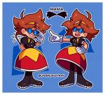  1girl antennae black_footwear boots dr._eggman dress eggette facial_hair glasses gloves highres looking_at_viewer mustache open_mouth pointing pointing_forward puffy_short_sleeves puffy_sleeves shirt short_sleeves simple_background skirt smile sonic_(series) spiked_hair twitter_username unamused unamusedyams white_gloves 