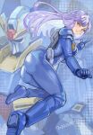  1girl ass blue_background blush boots breasts brown_eyes commentary dated earrings fanny_pack gundam gundam_zz highres jewelry long_hair looking_at_viewer looking_back mecha mecha_pilot_suit medium_breasts mobile_suit okrdisk2000 purple_hair robot roux_louka science_fiction smile v-fin zeta_gundam zeta_gundam_(mobile_suit) 