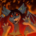 1:1 anthro canid canine canis claws demon female fire fur glare grey_body grey_fur hair hi_res hybrid mammal markings particles rainbow red_background red_eyes red_hair simple_background solo teeth voirath wings wolf 