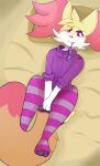 anthro bedroom blush braixen cinder_brai clothed clothing digital_media_(artwork) eyewear fan_character female fur generation_6_pokemon glasses hi_res inviting_viewer kitsunekotaro looking_at_viewer nintendo pokemon pokemon_(species) simple_background smile solo tuft white_body white_fur yellow_body yellow_fur