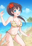  1girl 1other :d bangs beach bikini black_hair blue_eyes breasts cleavage commentary_request flower hair_flower hair_ornament hibiscus highres hikawa20 large_breasts long_hair looking_at_viewer navel ocean open_mouth original outdoors ponytail smile solo_focus striped striped_bikini swimsuit teeth upper_teeth 