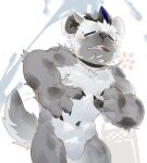  2022 4_fingers anthro arknights black_hair blue_hair blush claws collar eyes_closed fingers fur gaddiel55565069 grey_body grey_fur hair hi_res hyaenid hypergryph male mammal multicolored_hair nude simple_background solo spot_(arknights) spots spotted_body spotted_fur spotted_hyena studio_montagne two_tone_hair video_games water water_jet 