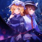  2girls black_headwear black_skirt blonde_hair blush bow brown_eyes brown_hair commentary_request dress hair_bow hat hat_bow highres index_finger_raised long_sleeves looking_at_viewer maribel_hearn mob_cap moyashi_(oekaki_touhou) multiple_girls necktie night night_sky outdoors pointing pointing_at_self purple_dress red_necktie shirt short_hair skirt sky smile space star_(sky) starry_sky touhou usami_renko white_bow white_headwear white_shirt yellow_eyes 
