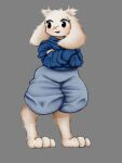  anthro barefoot black_eyes blue_bottomwear blue_clothing blue_pants blue_shirt blue_topwear bottomwear cave_story clothed clothing eyelashes feet female floppy_ears fur grey_background lagomorph lop_ears mammal mimiga pants scar shirt simple_background solo sue_sakamoto topwear video_games white_body white_fur whitewo1f 