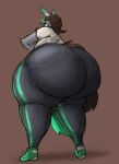  anthro big_butt butt canid canine canis clothed clothing coyote dark_hair footwear fur green_pupils grey_body grey_fur hi_res huge_butt hyper hyper_butt looking_at_viewer looking_down male mammal mintyotie pupils rear_view shirt shoes solo sweatpants topwear 