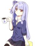  1girl :d alternate_costume black_skirt black_sleeve_cuffs black_thighhighs blue_hair blue_jacket blue_ribbon blunt_bangs chaakusu closed_mouth coffee_mug contrast_collar cowboy_shot cup frilled_skirt frills hair_intakes hair_ribbon heart highres holding holding_cup jacket kotonoha_aoi long_hair looking_at_viewer low-tied_sidelocks mug pleated_skirt print_mug print_ribbon red_eyes ribbon sailor_collar sailor_shirt shirt sidelocks simple_background sitting sitting_on_object skirt sleeve_cuffs smile solo thighhighs three-quarter_sleeves three_quarter_view voiceroid white_background white_sailor_collar yellow_shirt zettai_ryouiki 