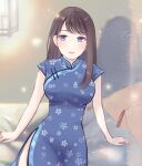  1girl bangs blue_dress blue_eyes china_dress chinese_clothes closed_mouth commentary_request dress floral_print highres hikawa20 lips long_hair looking_to_the_side original red_lips smile solo 