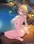  1girl ass barefoot bathing blue_eyes breasts bucket covered_nipples covering folded_hair from_above from_behind highres huge_breasts lantern looking_at_viewer naked_towel night nude nude_cover onsen original outdoors pointy_ears rock see-through sidelocks sitting smile solo towel wariza water wooden_bucket wooden_floor xiangzi_box 