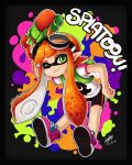  1girl absurdres bike_shorts black_shorts blunt_bangs closed_mouth commentary dated english_commentary full_body goggles goggles_on_head green_eyes highres ink_tank_(splatoon) inkling inkling_girl inkling_player_character kaori_(splatoon) long_hair looking_at_viewer orange_hair paint_splatter pink_shoes pointy_ears sandragh shirt shoes shorts signature smile solo splatoon_(series) splatoon_1 splattershot_(splatoon) squid striped_clothes striped_shorts suction_cups super_soaker tentacle_hair vertical-striped_clothes vertical-striped_shorts 
