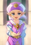  1girl absurdres blonde_hair blue_eyes blurry blurry_background commentary_request dress hat highres long_sleeves looking_at_viewer mob_cap open_mouth outstretched_arm pink_dress pointy_ears princess_zelda reaching_towards_viewer short_hair smile solo takapon-o-ji the_legend_of_zelda the_legend_of_zelda:_ocarina_of_time triforce_print twitter_username two-tone_dress white_dress 