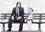  1boy 1girl ahoge animal_ears art_shift bag bangs beard bench black_hair black_pants bow bowtie bread business_suit chiwa_(pandaclip) collared_shirt crossover cup facial_hair food formal hair_between_eyes height_difference highres holding holding_cup ikazu401 john_wick john_wick_(character) keanu_reeves long_hair looking_at_another meme mustache necktie no_shoes panda_ears panda_girl pandaclip:_the_black_thief pants park_bench plastic_bag sad_keanu_(meme) school_uniform shirt short_sleeves sidelocks simple_background sitting_on_bench size_difference suit thighhighs two_side_up white_hair white_thighhighs 