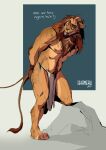  anthro arms_tied beak body_hair bottomwear bound brown_hair clothing dialogue eyewear felid fur glasses hair hands_behind_back happy_trail hi_res lion loincloth loincloth_only male mammal mature_male muscular muscular_anthro muscular_male pantherine rope shamerli solo standing tail_tuft tan_body tan_fur tuft whiskers 