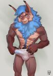  anthro blue_hair blue_nipples body_hair brown_body brown_fur bulge clothed clothing erection felid feline fur genital_outline hair happy_trail hi_res inner_ear_fluff lion21 lynx male mammal mane muscular muscular_anthro muscular_male nipples penis_outline simple_background solo standing tuft underwear underwear_only 