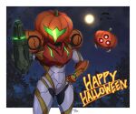  1girl arm_cannon armor bat_(animal) english_text gun halloween helmet highres jack-o&#039;-lantern looking_at_viewer metroid metroid_(creature) metroid_dread moon night power_armor power_suit power_suit_(metroid) pumpkin samus_aran science_fiction simple_background solo wakaba_(wata_ridley) weapon 