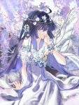  1girl ahoge bare_shoulders blue_eyes blue_hair doupo_cangqiong dress expressionless flower glint glitter gu_xun_er_(doupo_cangqiong) hair_ornament hand_on_own_face highres jewelry long_hair necklace sitting solo upper_body white_dress wisteria yuan_shi_lan_xing 