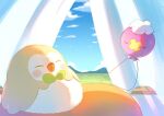  blush closed_eyes cloud commentary_request curtains day drifloon drooling grass mokukitusui no_humans open_mouth pokemon pokemon_(creature) rowlet saliva sky sleeping u_u window 