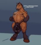  anthro barbell_piercing belly big_belly brown_body brown_fur brown_hooves bulge clothed clothing detailed_bulge ear_piercing english_text equid equine facial_piercing front_view full-length_portrait fur genital_outline genitals gloves_(marking) hi_res hooves horse industrial_piercing laser_(artist) leg_markings male mammal markings musclegut muscular muscular_anthro muscular_male nipple_piercing nipples nose_piercing open_mouth overweight overweight_anthro overweight_male penis penis_base penis_outline piercing portrait septum_piercing signature simple_background skimpy socks_(marking) solo standing text 