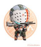  1girl absurdres apex_commander_bangalore apex_legends bangalore_(apex_legends) chibi cottonbullets g7_scout gloves green_gloves gun hand_on_hip helmet highres holding holding_gun holding_weapon looking_to_the_side official_alternate_costume power_armor rifle science_fiction solo twitter_username weapon 
