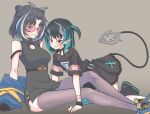 2girls 774_inc. all_fours animare bangs black_dress black_hair blue_hair blue_jacket blue_thighhighs bracelet breasts china_dress chinese_clothes commentary_request cone_hair_bun demon_girl demon_horns demon_tail dress eye_of_providence flat_chest full_body glasses grey_background grey_thighhighs grin hair_bun horns jacket jacket_removed jewelry k_waremono looking_at_viewer medium_breasts medium_hair multicolored_hair multiple_girls official_alternate_costume one_side_up oura_rukako pink-tinted_eyewear pointy_ears red_eyes shishio_chris shoes short_dress short_sleeves single_thighhigh sitting sleeveless sleeveless_dress smile sneakers spiked_bracelet spikes streaked_hair striped striped_thighhighs sugar_lyric sunglasses tail thighhighs tinted_eyewear two-tone_hair virtual_youtuber white_hair yellow_footwear zettai_ryouiki 