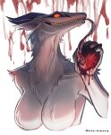  anthro blood bodily_fluids breasts bust_portrait claws featureless_breasts female fur grin heart_(organ) hi_res horn iris-icecry licking long_tongue monster organs portrait pupils red_eyes sharp_teeth slit_pupils smile solo synx teeth tongue tongue_out vittaly_arctic white_body white_fur 