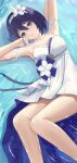  1girl absurdres armpits arms_up bare_legs blue_eyes blue_hair blue_nails blush breasts chel_(user_mcme3455) chinese_commentary cleavage collarbone dress expressionless feet_out_of_frame flower from_above hair_between_eyes hair_flower hair_ornament hairband highres honkai_(series) honkai_impact_3rd looking_at_viewer lying_on_water medium_breasts nail_polish parted_lips partially_submerged seele_vollerei short_hair solo strapless strapless_dress two-sided_fabric white_dress white_hairband 