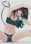  1girl 774_inc. :o alternate_costume armpits atsushima bangs black_hair blue_hair blue_shorts blush commentary_request demon_girl demon_horns demon_tail fang feet_out_of_frame flat_chest grey_background grey_sports_bra head_tilt highres horns long_hair looking_at_viewer midriff multicolored_hair navel open_mouth pointy_ears red_eyes shishio_chris short_shorts shorts simple_background sitting solo sports_bra spread_legs stretching sugar_lyric tail two-tone_hair virtual_youtuber 