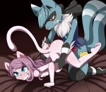  2_tails abdominal_bulge absurd_res alice_myuu anthro anthro_on_anthro anthro_penetrated anthro_penetrating anthro_penetrating_anthro ass_up bedding blue_eyes blue_sclera butt chest_eye clenched_teeth dewott duo female female_penetrated flat_chested from_behind_position generation_5_pokemon generation_6_pokemon glistening glistening_hair gradient_background hair hi_res hybrid kneeling knot leapfrog_position legendary_pokemon long_hair male male/female male_penetrating male_penetrating_female meowstic mew multi_tail neck_tuft nintendo nude pattan penetration penile penile_penetration penis_in_pussy pink_hair plantigrade pokemon pokemon_(species) red_eyes sex shell side_view simple_background teeth tuft vaginal vaginal_penetration vein veiny_knot video_games waist_grab zama_(din) 