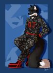  2021 anthro black_body black_clothing black_fur canid canine clothed clothing darkstar_black emiiz footwear fox full-length_portrait fully_clothed fur hi_res male mammal portrait red_eyes shoes solo white_body white_fur 