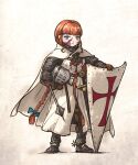  1girl bow cape carrying carrying_under_arm chain flanged_mace gloves hair_bow headwear_removed helmet helmet_removed holding holding_weapon knight long_hair looking_at_viewer orange_hair original scar scar_on_face shield solo spurs sword vanishlily weapon white_background 