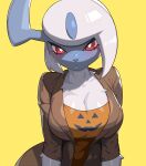  2022 absol anthro breasts brown_clothing brown_topwear cleavage clothed clothing drunk_oak female fur generation_3_pokemon hi_res iris looking_at_viewer nintendo orange_clothing orange_topwear pokemon pokemon_(species) pupils red_eyes simple_background solo topwear video_games white_body white_fur white_pupils yellow_background 