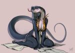 anthro blue_hair bottomwear breasts claws cleavage clothed clothing female forked_tongue hair half-closed_eyes kneeling loincloth long_neck long_tail narrowed_eyes reptile scales scalie shamerli simple_background snake solo tongue tongue_out topwear 