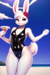  2:3 accessory anthro beach breasts clothed clothing female fur hair_accessory holding_object lagomorph leporid looking_at_viewer mammal outside purple_eyes rabbit seaside slim small_breasts solo tight_clothing unknown_artist white_body white_fur 