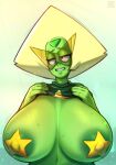  areola areola_slip big_breasts bodily_fluids breasts bust_portrait cartoon_network clothed clothing clothing_lift female gem gem_(species) hi_res huge_breasts humanoid madheaven navel nervous nipples not_furry pasties peridot_(steven_universe) portrait shirt shirt_lift solo steven_universe sweat topwear 