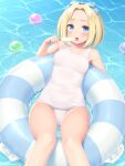  1girl ball blonde_hair blue_eyes blush bow breasts covered_navel feet_out_of_frame food forehead hair_bow hair_intakes highres innertube lying medium_breasts medium_hair milk_bar milk_bar_(sasaame) on_back open_mouth original popsicle sasaame school_swimsuit solo swimsuit tongue water 
